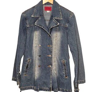 Womans distressed utility military style double breasted button up cotton denim
